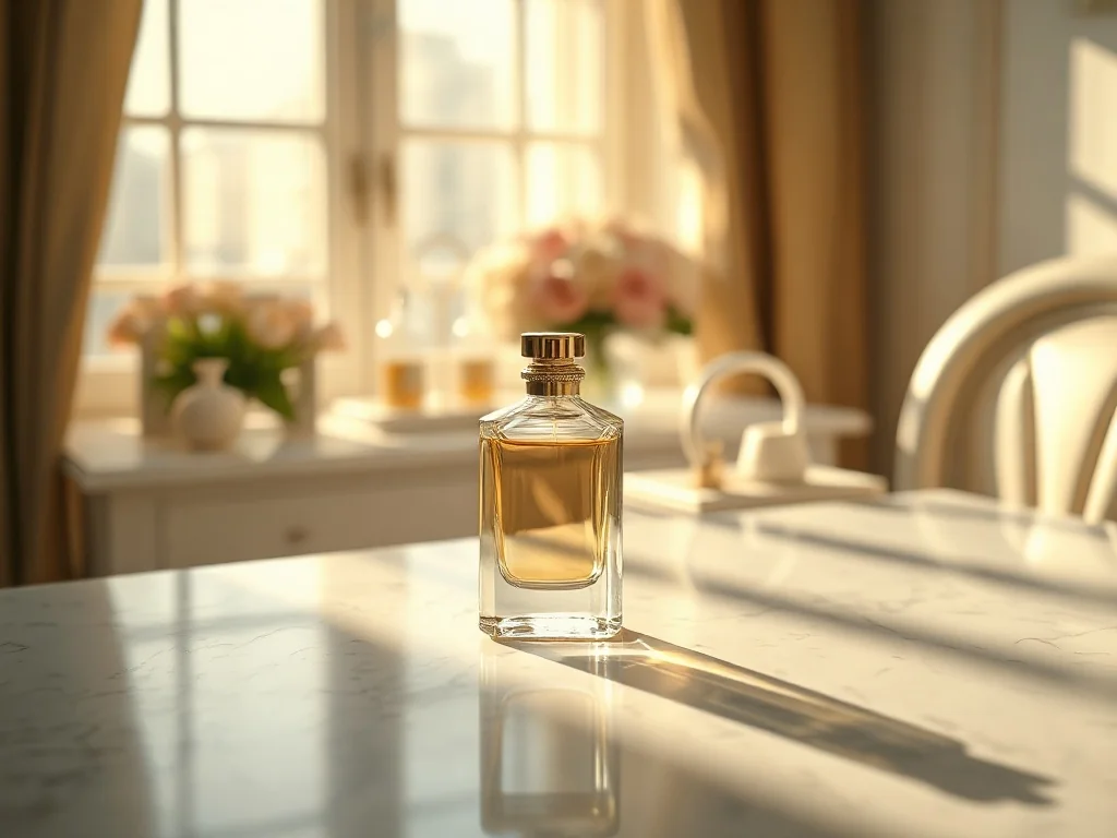 Elegancki flakon perfum La Rive Her Choice na marmurowym blacie w luksusowej, ciepłej aranżacji.