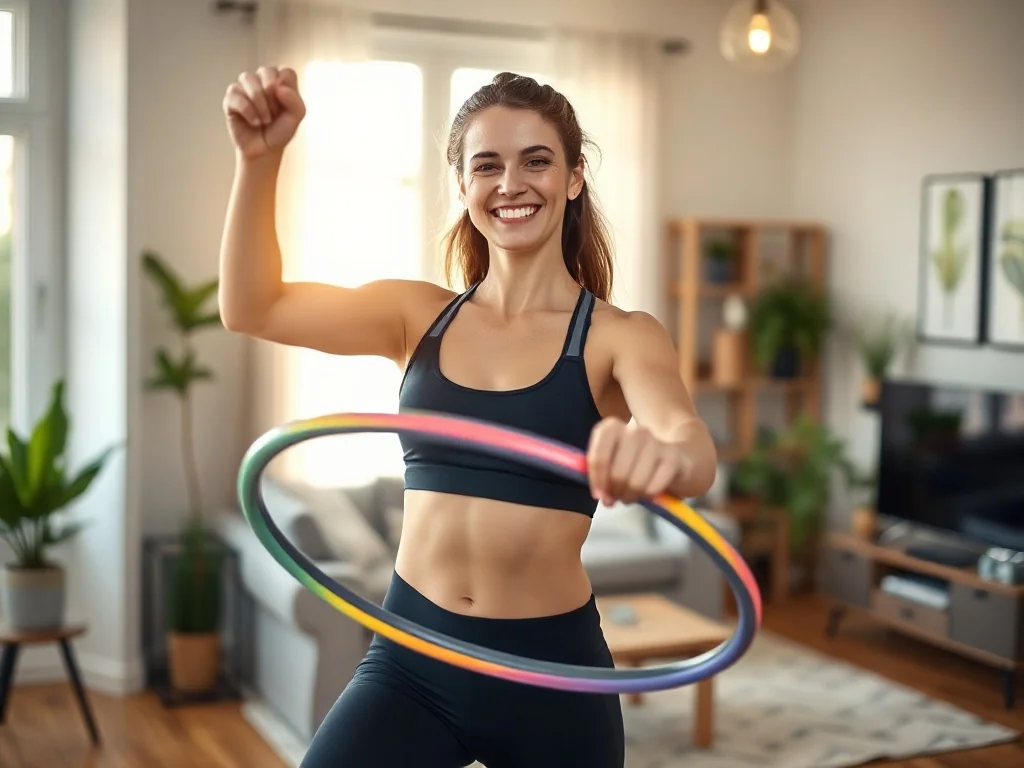 Uśmiechnięta kobieta ćwicząca z hula-hop w jasnym, nowoczesnym salonie.