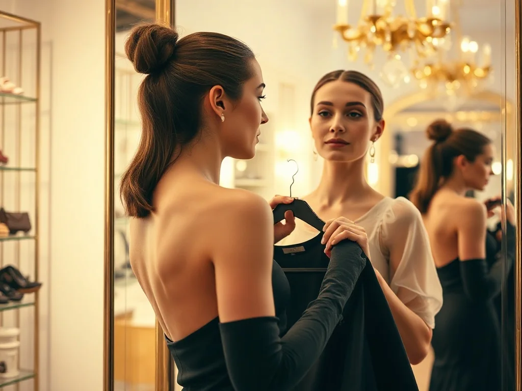 Elegancka kobieta przymierzająca stylową sukienkę przed lustrem w butiku, przygotowująca się do wyjścia do teatru.
