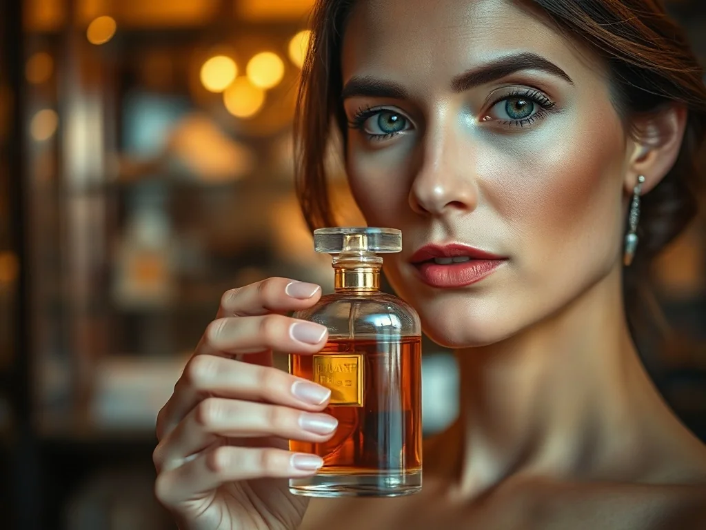 Elegancka kobieta trzymająca luksusowy flakon perfum Carolina Herrera w nastrojowym, butikowym wnętrzu.